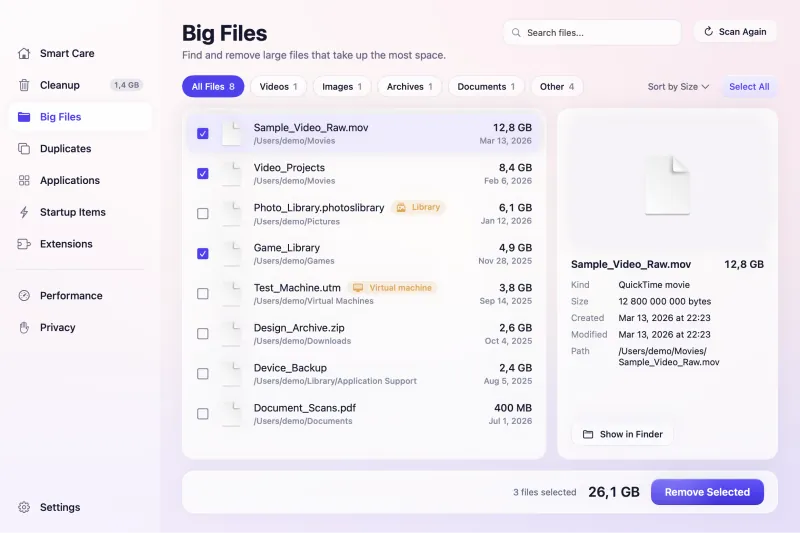 MacGlint Big Files screen with files sorted by size, checkboxes, and a detail panel for the selected file.