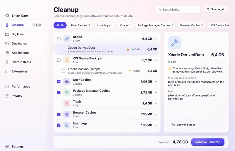 MacGlint Cleanup screen listing cache and log categories with sizes, a detail panel with the path, and a Remove Selected button.