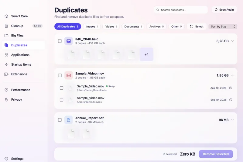 MacGlint Duplicates screen with groups of identical files and a Keep label on the copy to keep.