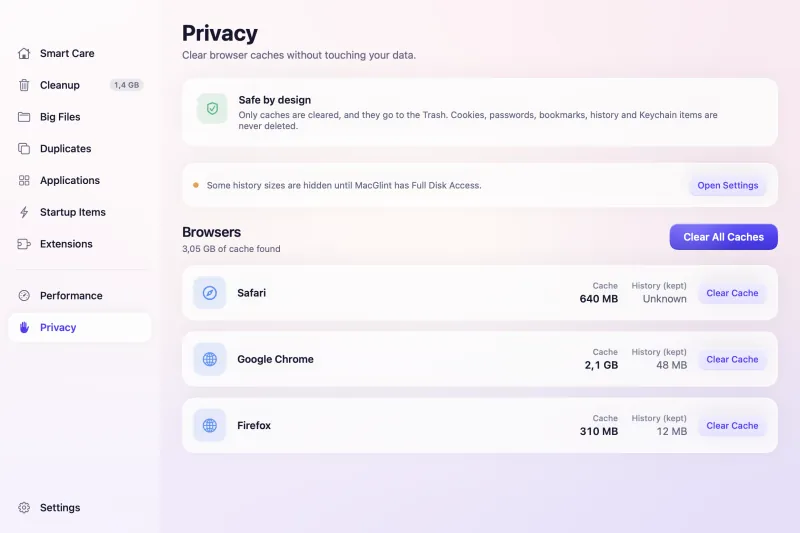 MacGlint Privacy screen showing browser cache sizes with a Clear Cache button for each browser.