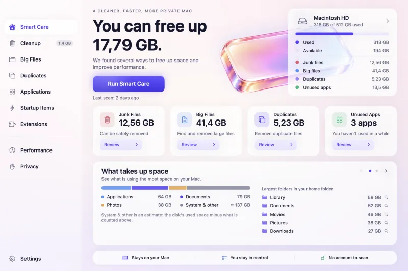 MacGlint Smart Care screen with a total of space that can be freed and cards for junk files, big files, duplicates and unused apps.